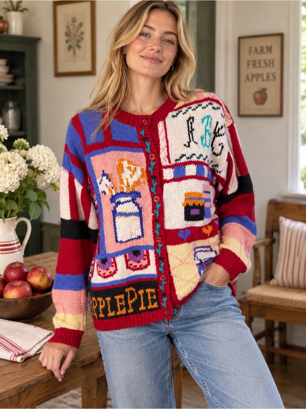 Vintage 90s IVY Apple Pie Novelty Knit Cardigan Cotton Blend S Granny Chic Fall